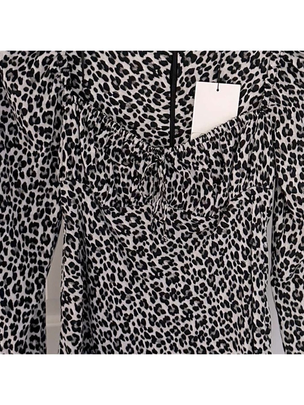 Zara Leopard Print Square Neck Long Sleeve Mini Dress Size S NWT - Picture 7 of 14